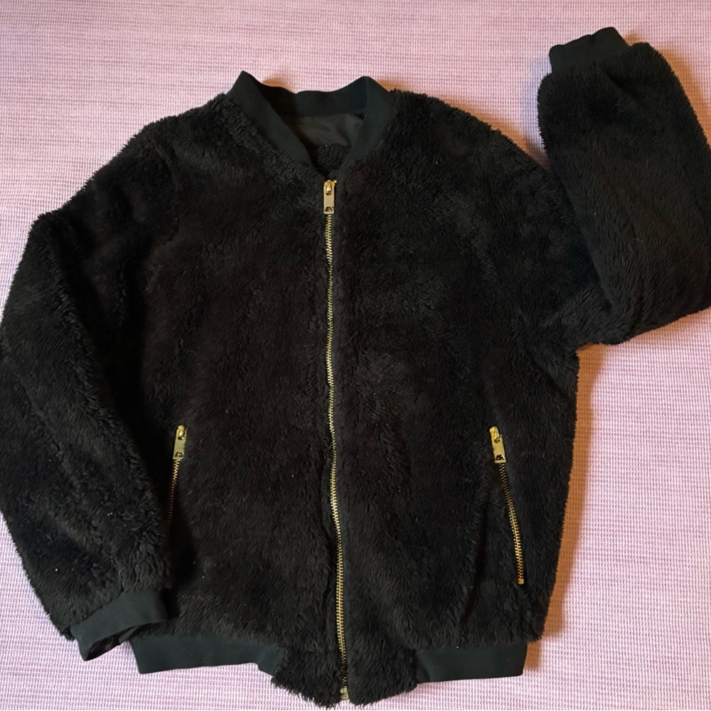 Black Fuzzy Bomber Jacket